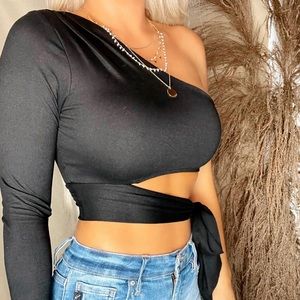 O’delilah Black One Shoulder Tie Crop Top
